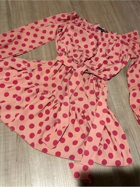PrettyLittleThing Pink Polka Dot Off-Shoulder Mini Dress